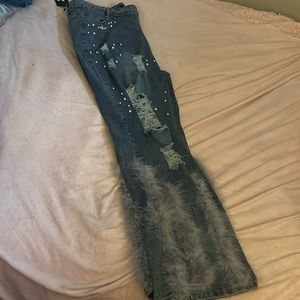XPlusWear Pearl Studded and Feather Lace Jeans